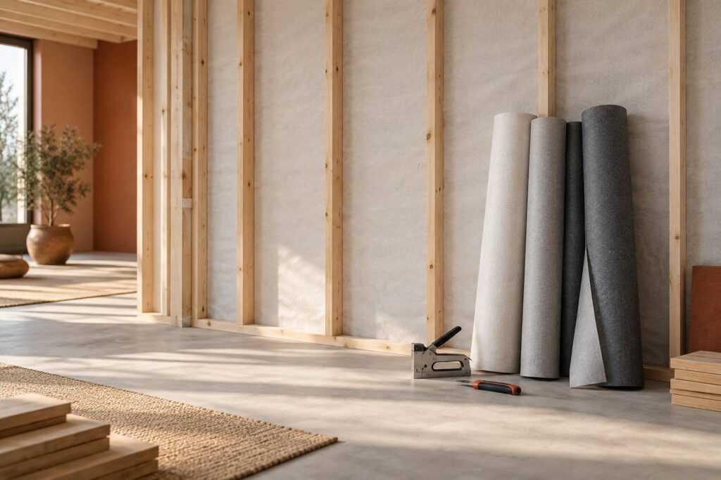 Rouleaux de membrane et ossature bois sur un chantier