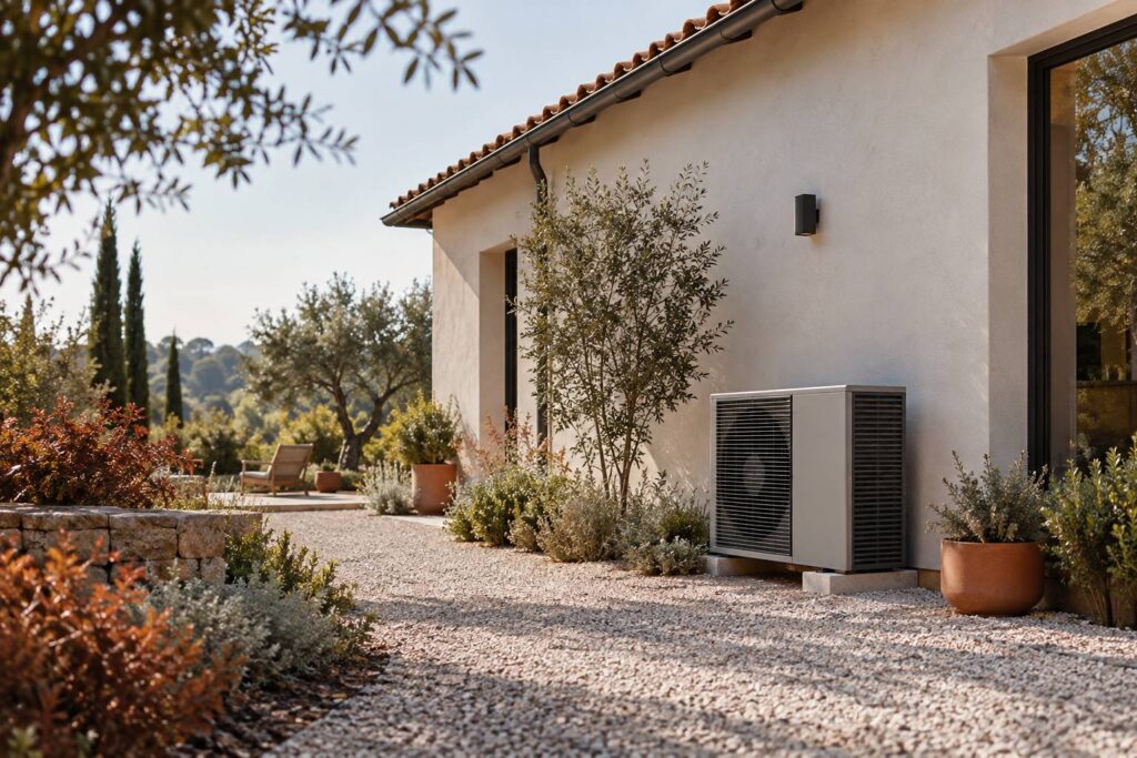 Unite exterieure de pompe a chaleur neutre au pied d'une maison