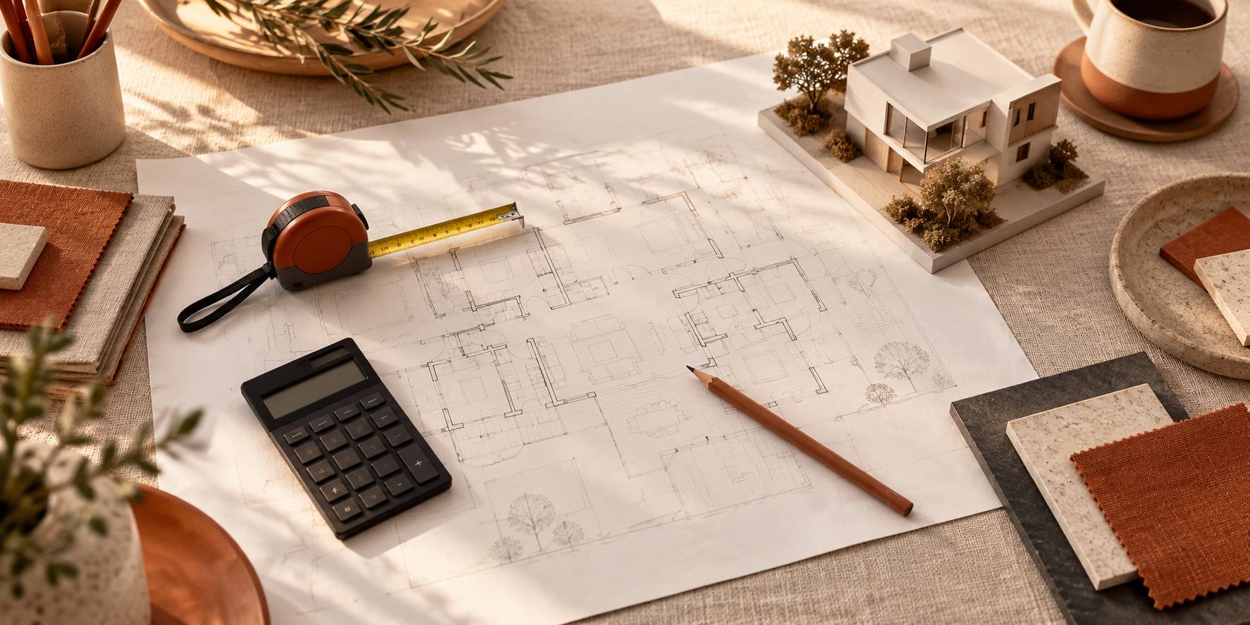 Plan de maison muet avec metre, crayon et calculatrice sur un bureau
