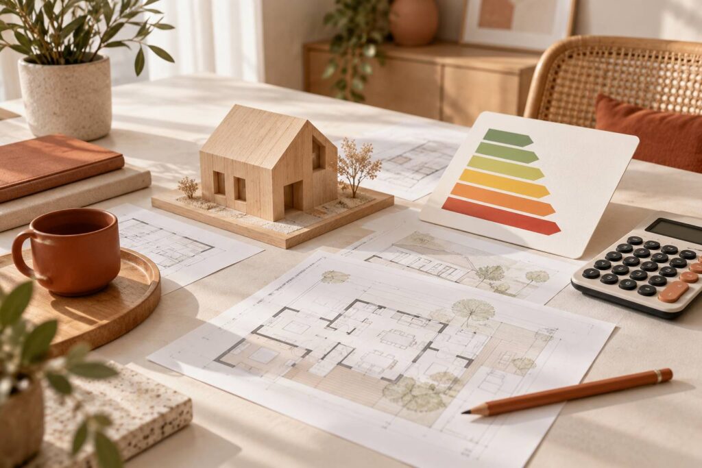 Maquette de maison en bois et plans sur un bureau pour un diagnostic energetique