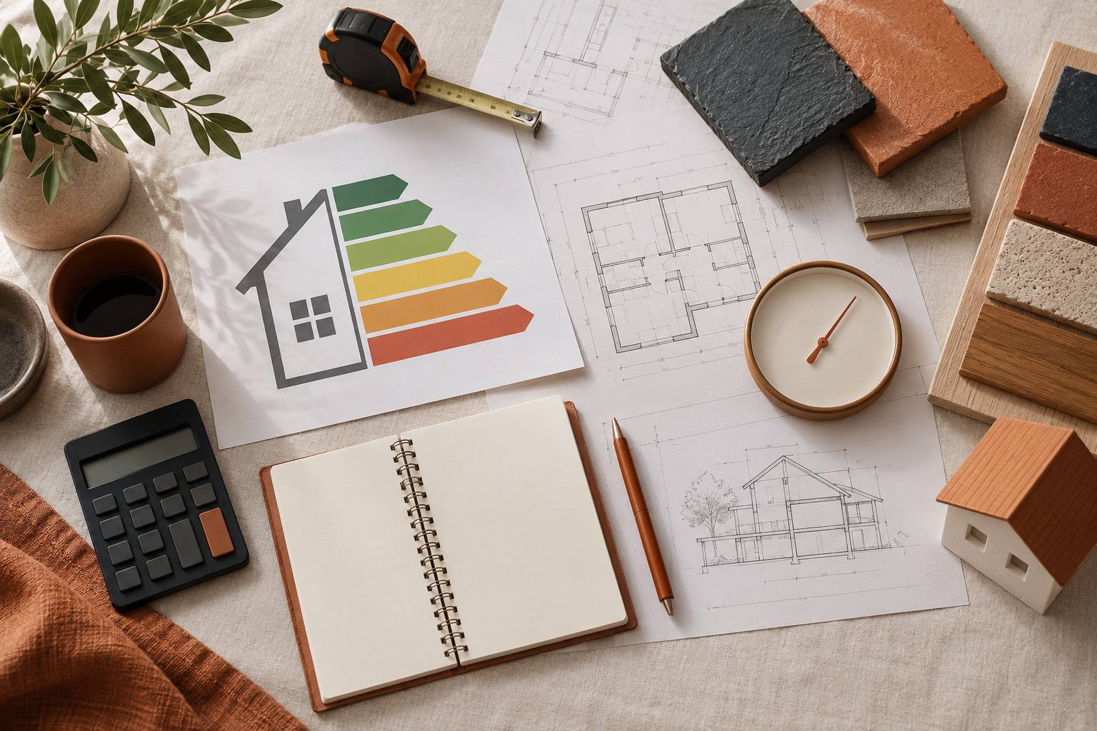 Dossier de diagnostic energetique avec plans, carnet et calculatrice