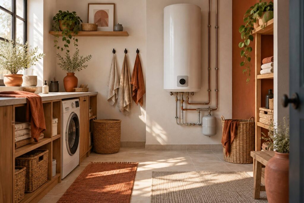 Chauffe-eau cylindrique generique dans une buanderie claire