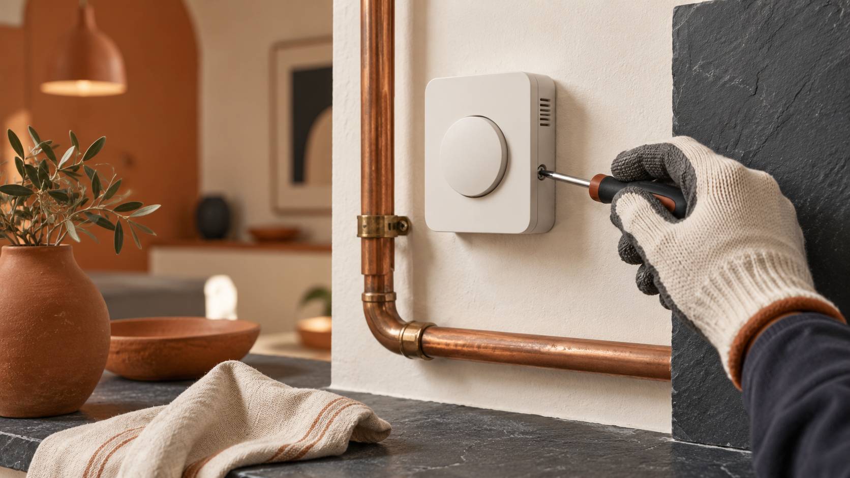 Boitier de thermostat generique et tournevis sur un mur clair