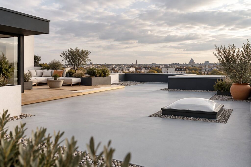Toiture plate étanchée avec platelage en bois et graviers de drainage