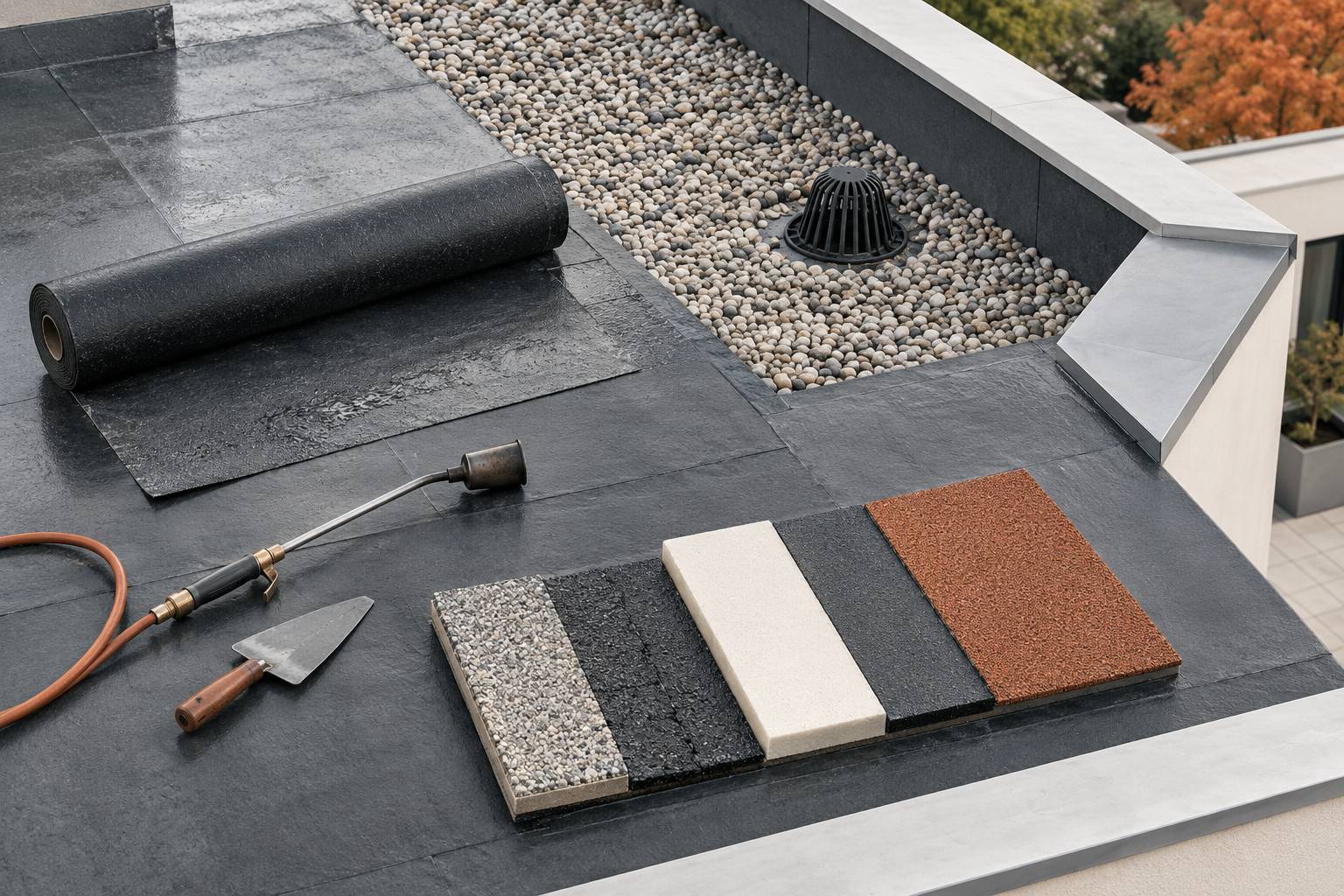 Rouleau de membrane, outillage et graviers sur un chantier de toiture